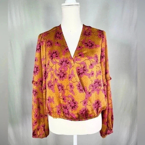 Jessica Simpson Blouse Marisol Orange Magenta Long Sleeve NWT Botanical Pebbles - Picture 5 of 12